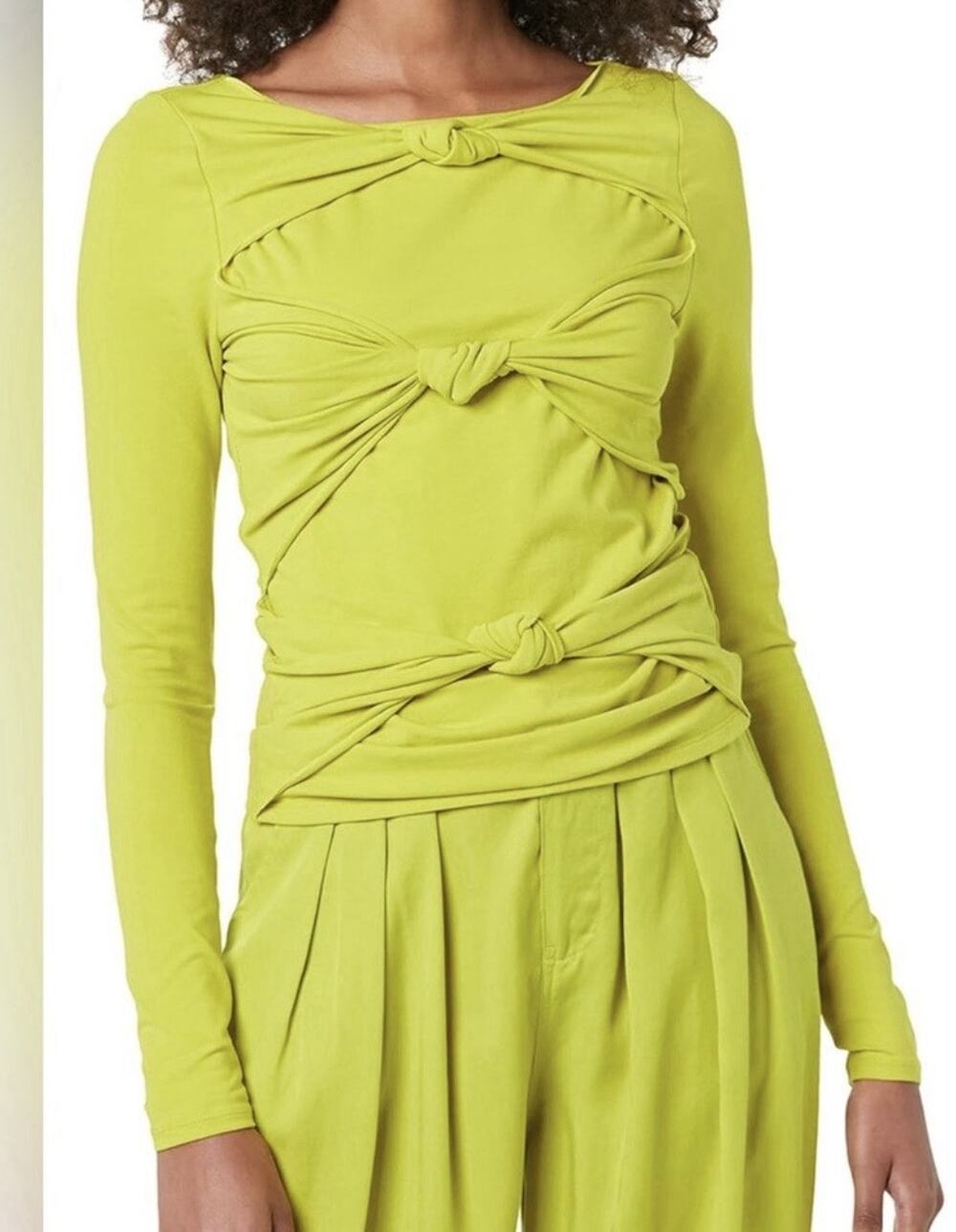 Terea By Andrea Pitter Green Front Knotted Top Long Sleeves Cut Out Large NWT